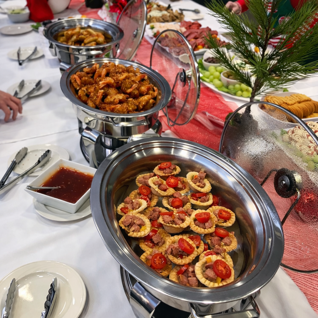 Buffet spread with appetizers and pastries