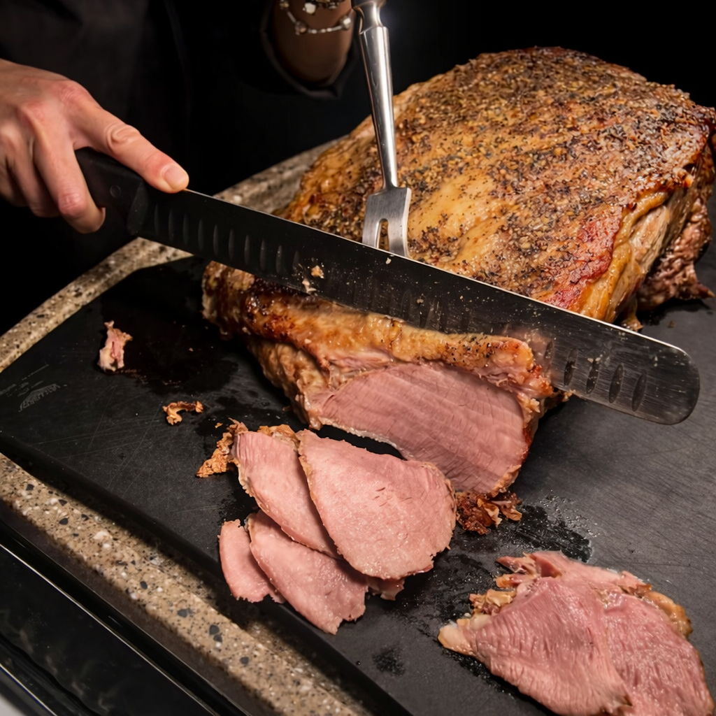 Carving a golden-brown roast meal